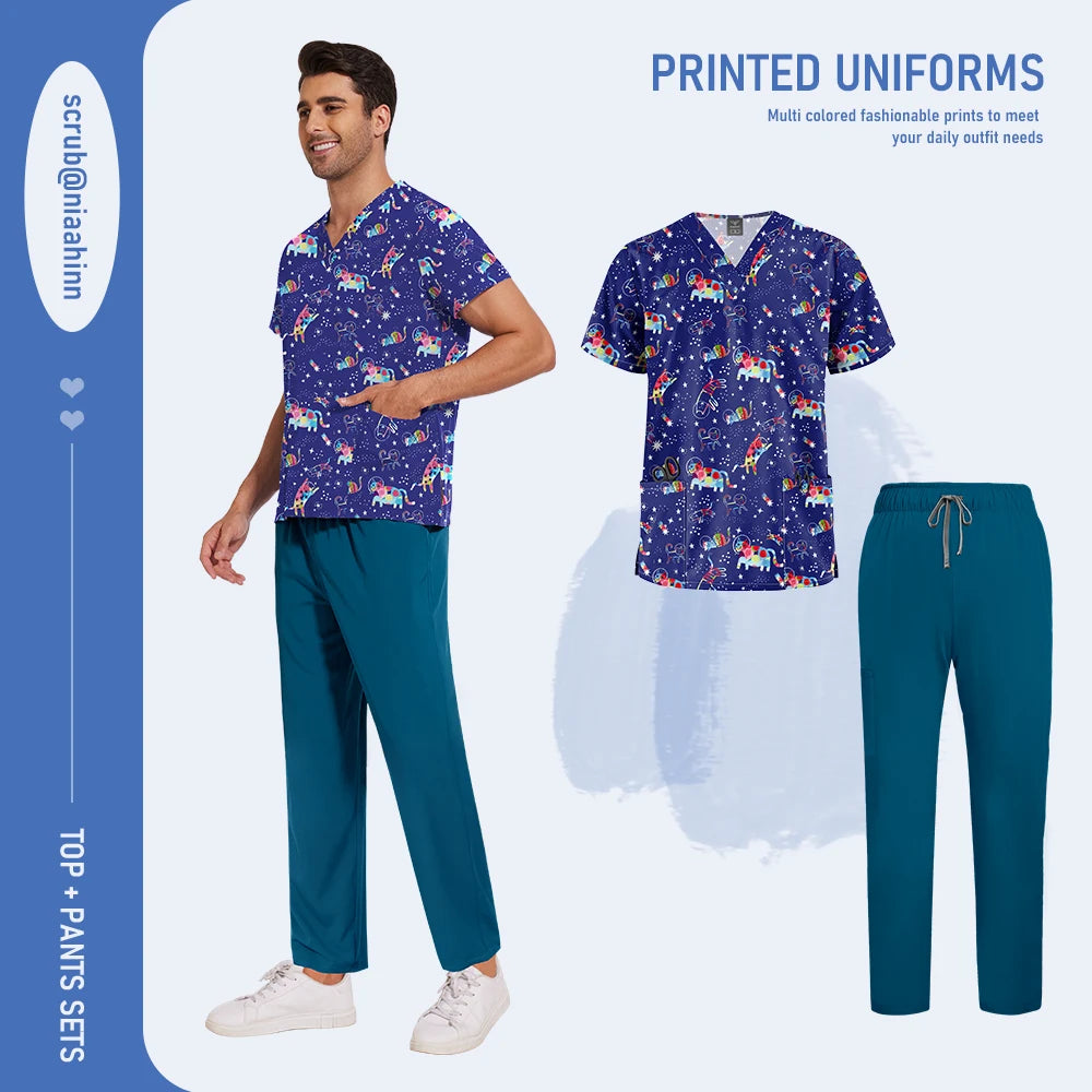 Mens Scrub Nursing Articles Nurse Doctor Work Uniform Unisex Hospital Set High Quality Printed Workwear Veterinary Lab Scrub Set