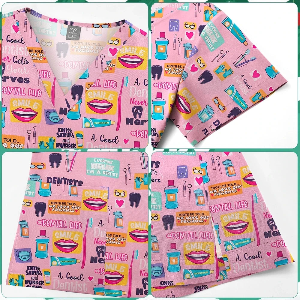 Stretch Cute Cartoon Print Nurse Uniforms Women Men T-shirts Pocket Casual Short Sleeve Pullover V-neck Scrubs Tops Lab Workwear