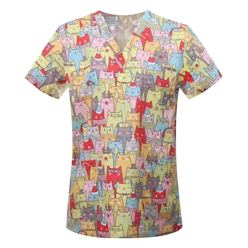 Medical Nurse Uniforms Women Men Print Scrub Shirts&Cap Clinical V-neck Blouse Floral Cartoon Pocket Scrubs Top Beauty Work Wear