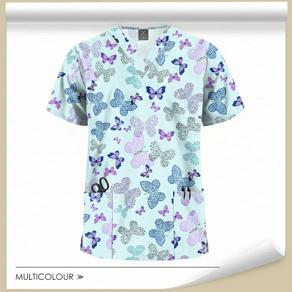 Stretch Cute Cartoon Print Nurse Uniforms Women Men T-shirts Pocket Casual Short Sleeve Pullover V-neck Scrubs Tops Lab Workwear