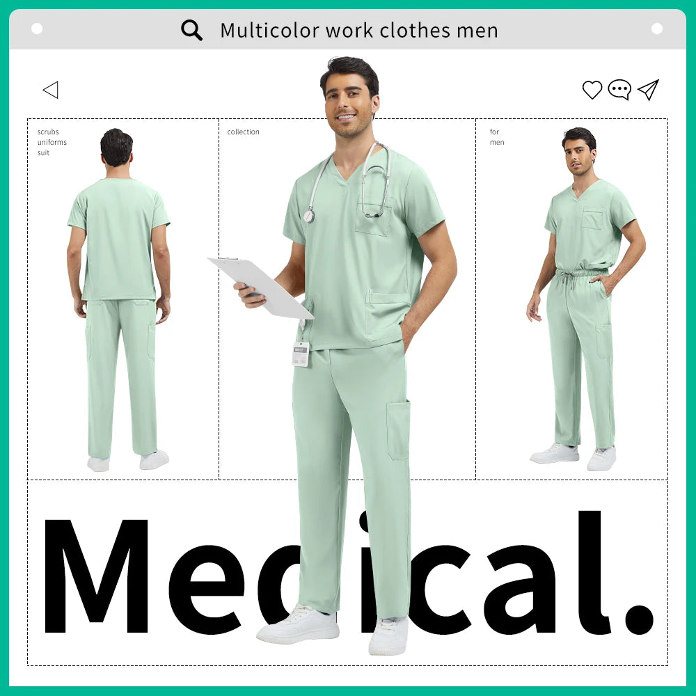 Medical Uniform Men Pet Hospital Doctor Tops Pants Clothes Soft Pharmacist Workwear Men Anesthetist Work Suit Uniform Scrubs Set
