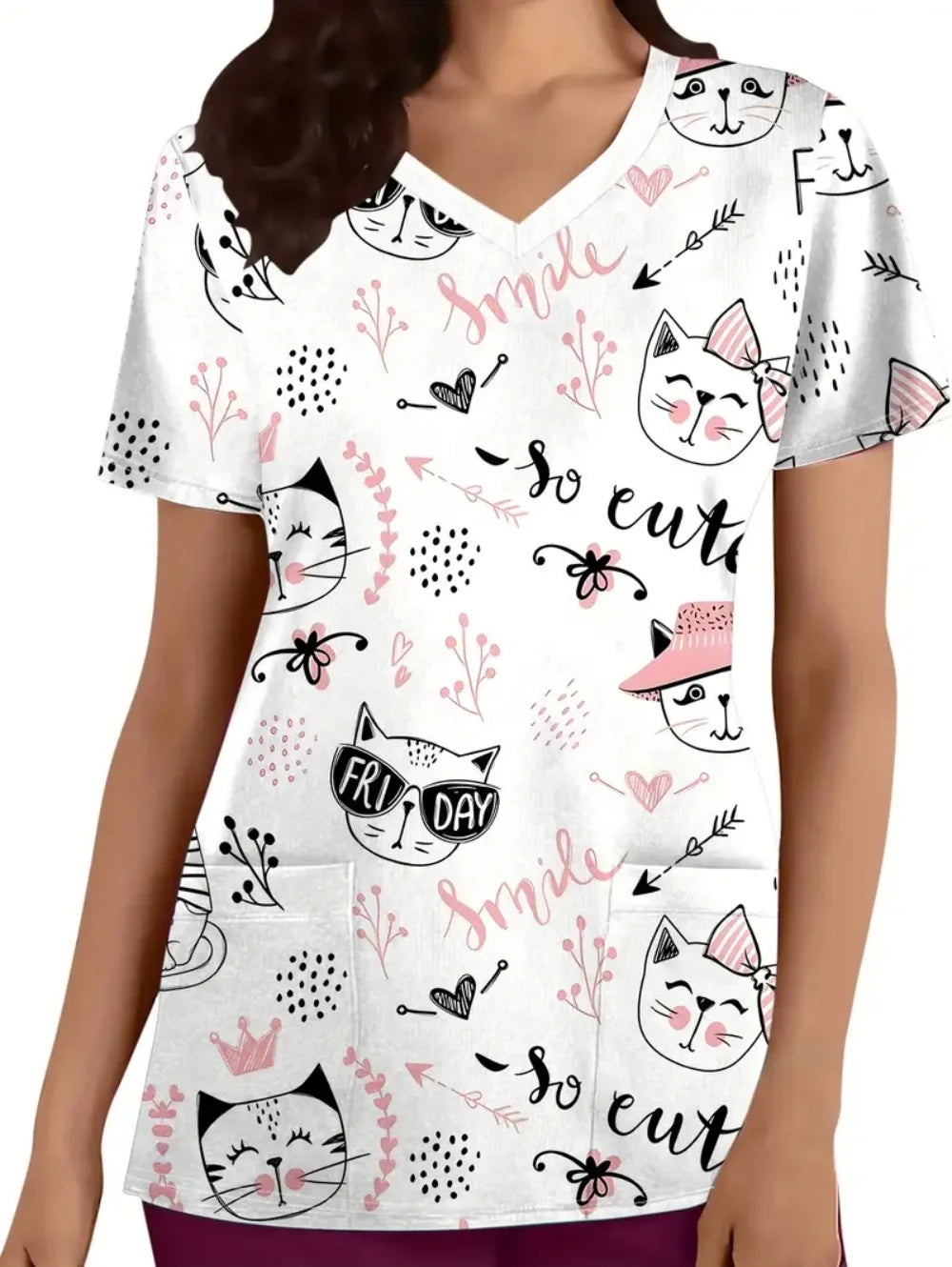 Women's Medical Uniforms Cute Cat Pattern Short Sleeve Top Summer Fashion V-Neck with Pockets Veterinary Surgical Uniforms Woman