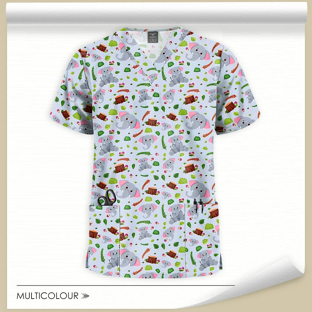 Stretch Cute Cartoon Print Nurse Uniforms Women Men T-shirts Pocket Casual Short Sleeve Pullover V-neck Scrubs Tops Lab Workwear
