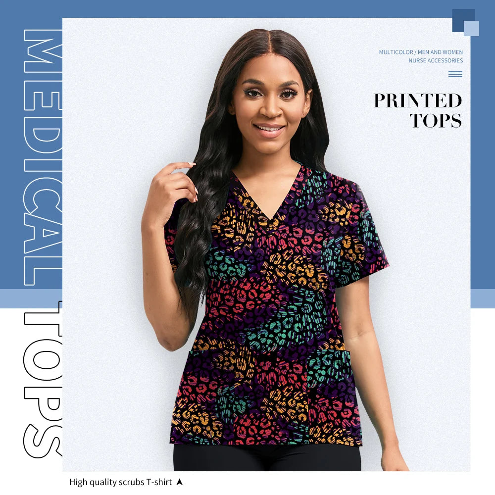 Hospital Nurse Uniforms Women Medical Uniform Print Scrub Top Cotton Dental Clinic Work Clothes Mens Scrubs Short Sleeved Jacket