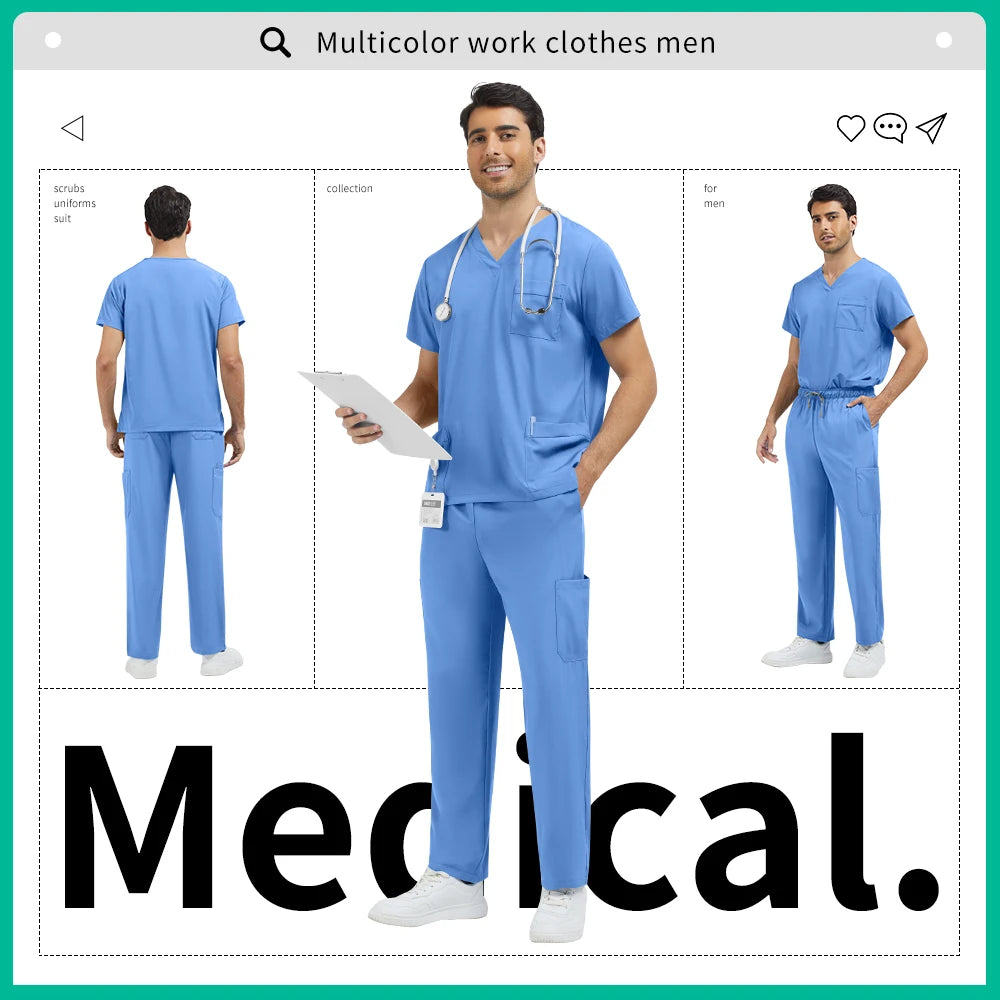 Medical Uniform Men Pet Hospital Doctor Tops Pants Clothes Soft Pharmacist Workwear Men Anesthetist Work Suit Uniform Scrubs Set