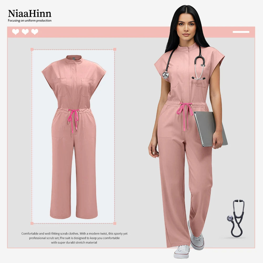 Niaahinn Operating Room Scrub Uniform Full Outfit & Veterinary Nurse Uniform with Bat Sleeve One-Piece Pet Grooming Work Clothes