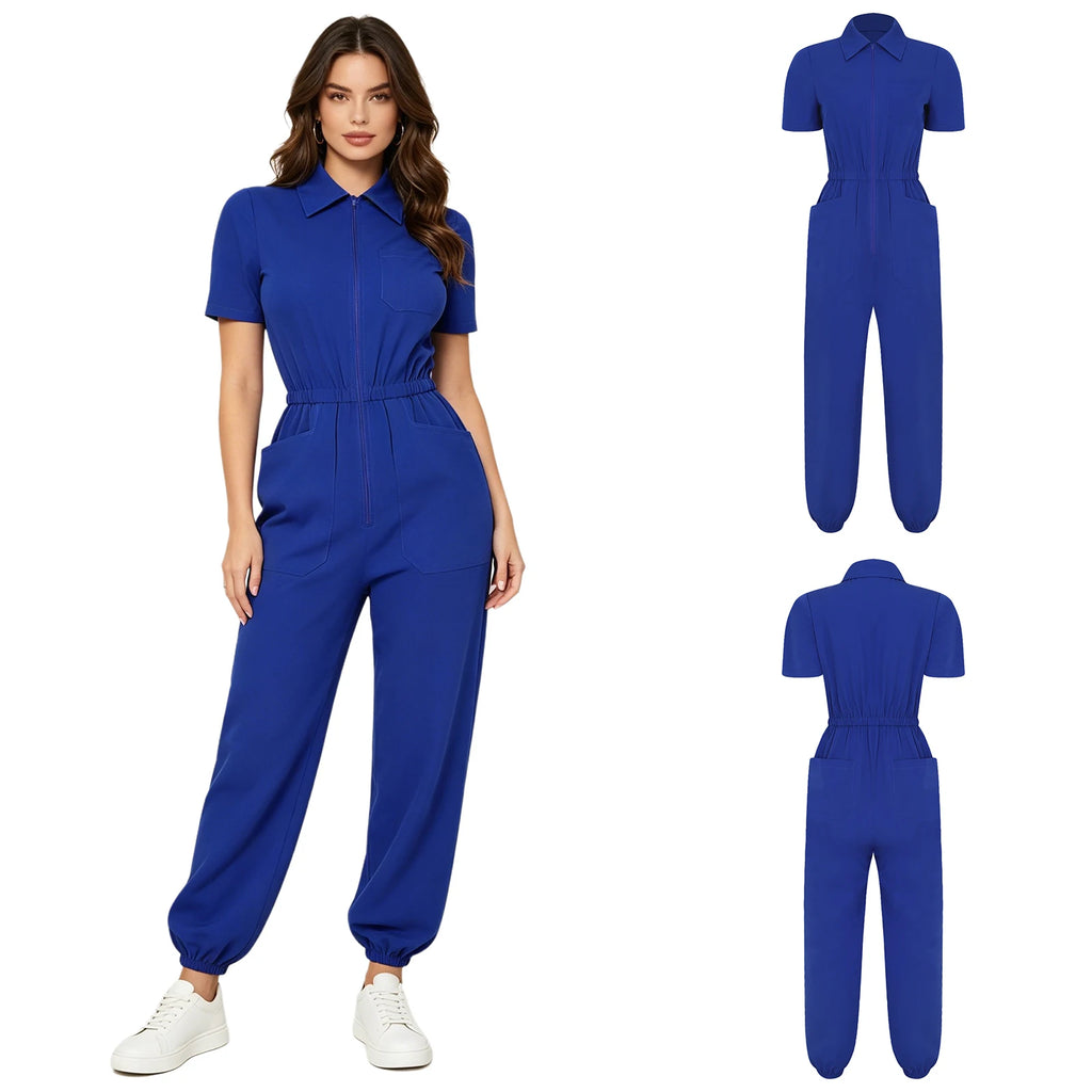 Women Short Sleeve Scrub Jumpsuit Multi-pockets Zipper Elastic Waist Jogger Pants Rompers Nurse Doctor Workwear Medical Uniform
