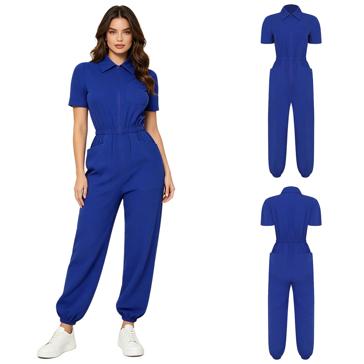 Women Short Sleeve Scrub Jumpsuit Multi-pockets Zipper Elastic Waist Jogger Pants Rompers Nurse Doctor Workwear Medical Uniform