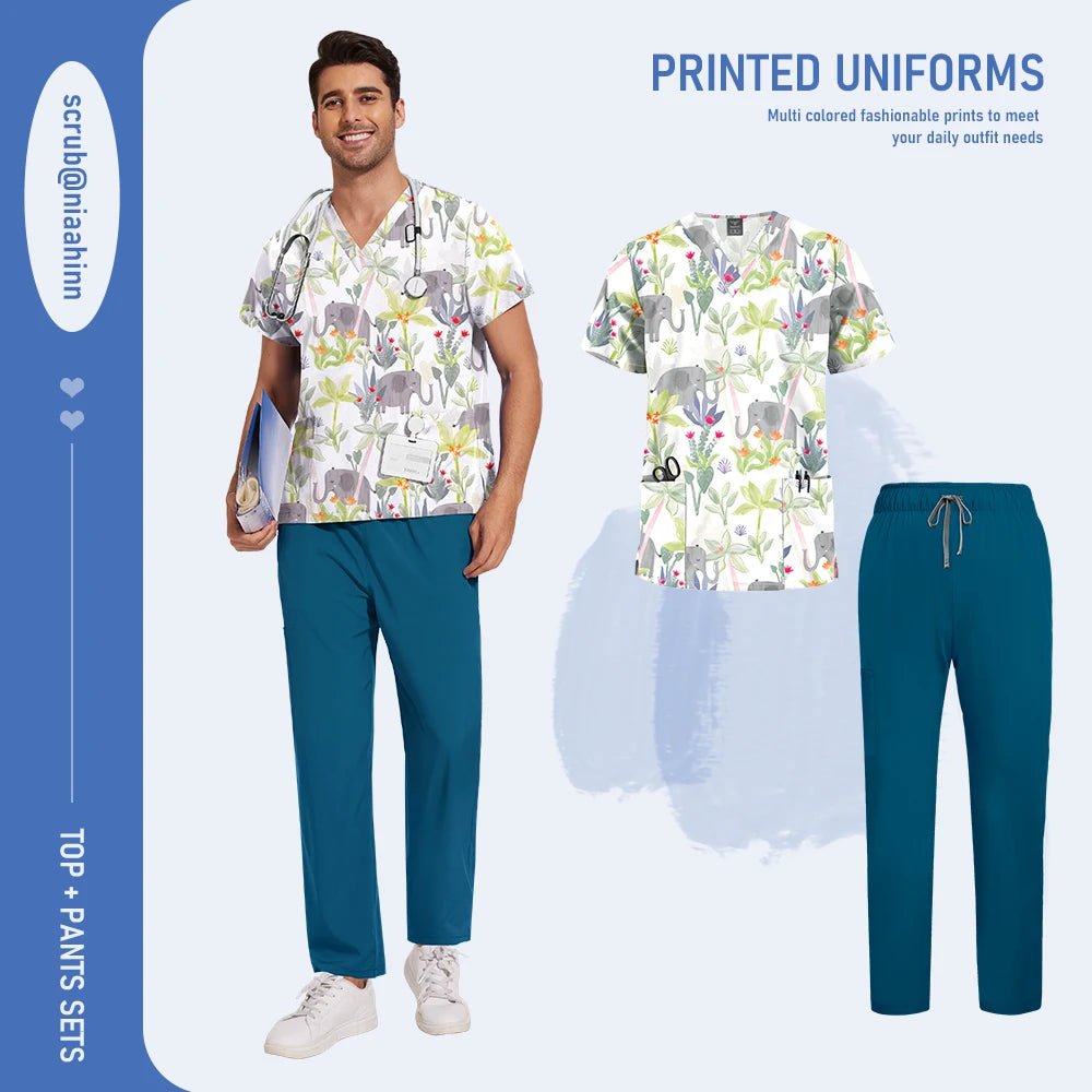 Mens Scrub Nursing Articles Nurse Doctor Work Uniform Unisex Hospital Set High Quality Printed Workwear Veterinary Lab Scrub Set