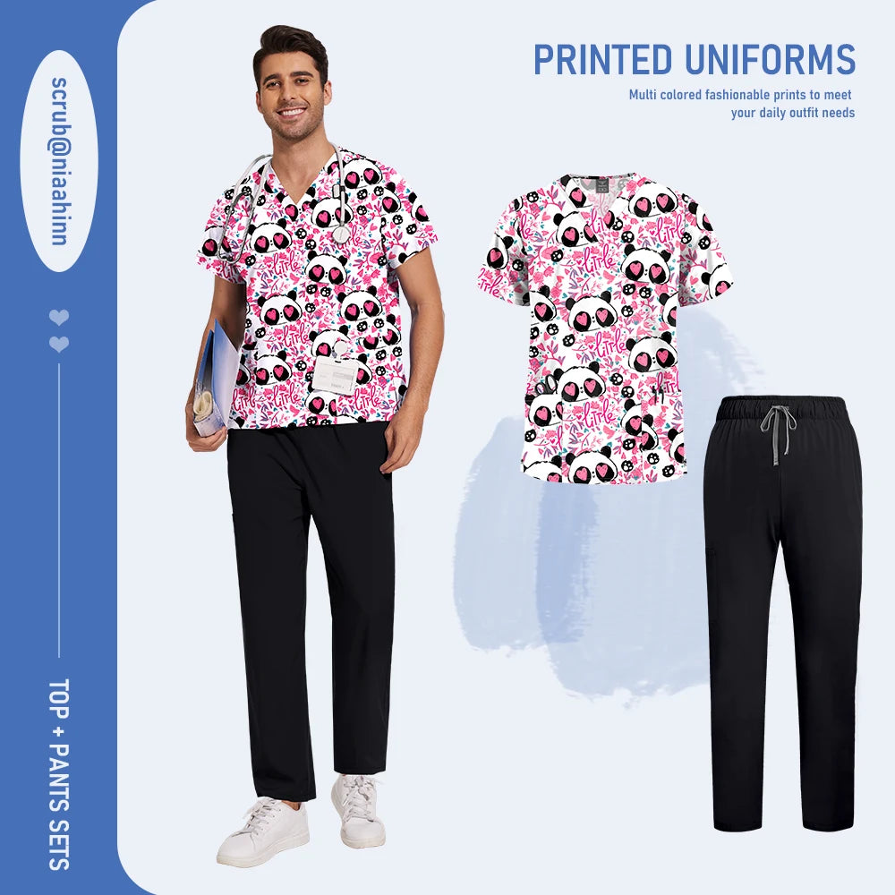 Mens Scrub Nursing Articles Nurse Doctor Work Uniform Unisex Hospital Set High Quality Printed Workwear Veterinary Lab Scrub Set