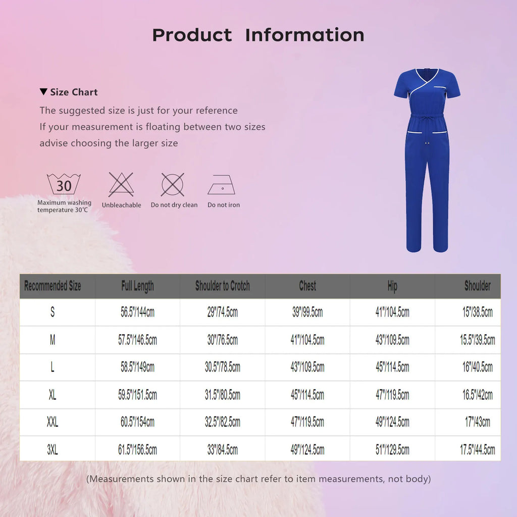 Women Nurse Doctor Esthetician Scrub Jumpsuit Workwear Short Sleeve Multi-pockets Elastic Waist Jogger Rompers Medical Uniform