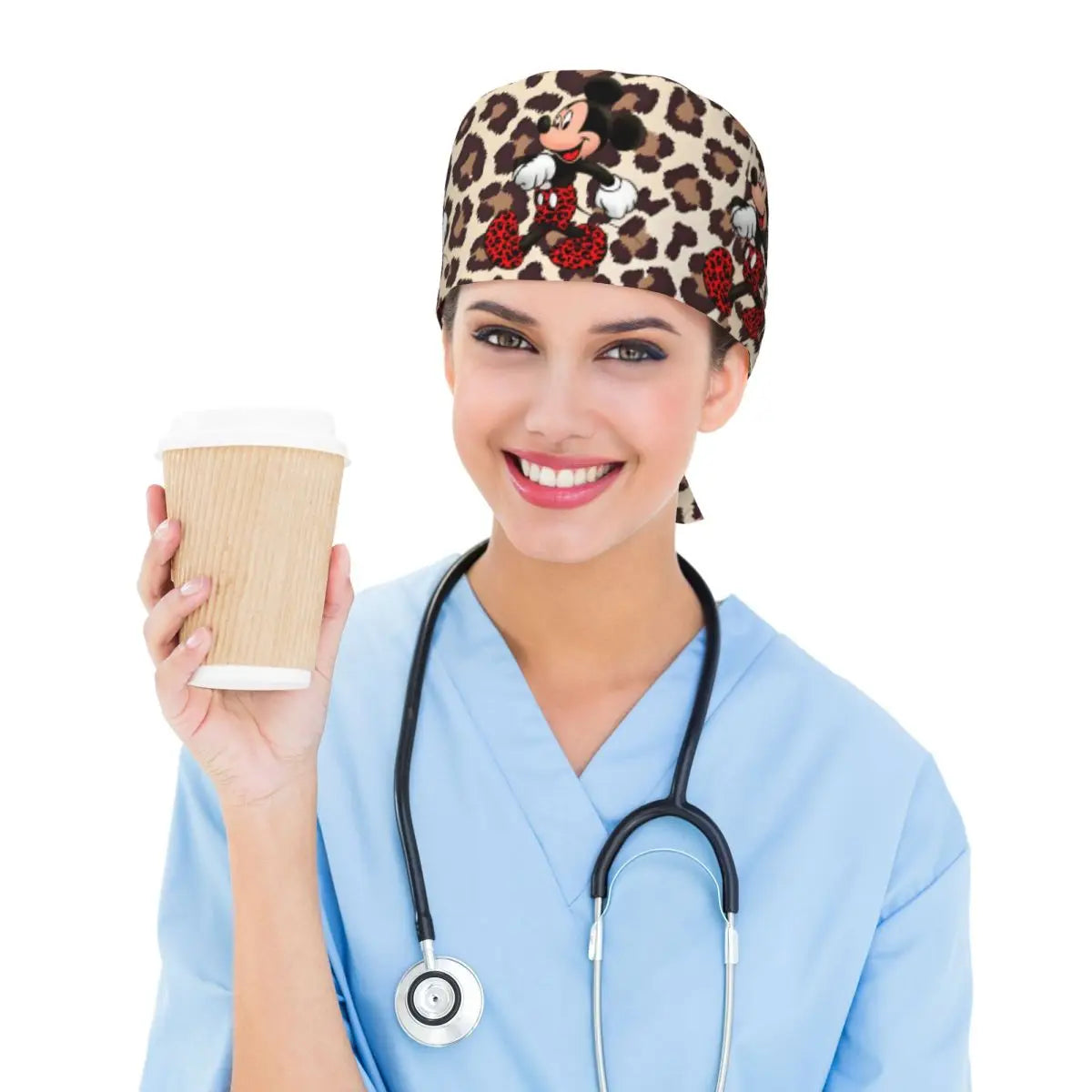 Custom Adjustable Cartoon M-micked Mouse Working Hat Leopard Print Surgical Hat Scrub Nursing Doctor Surgeon Cap for Chef