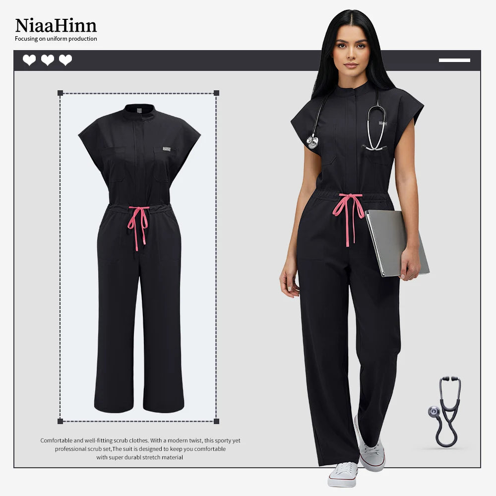 Niaahinn Operating Room Scrub Uniform Full Outfit & Veterinary Nurse Uniform with Bat Sleeve One-Piece Pet Grooming Work Clothes