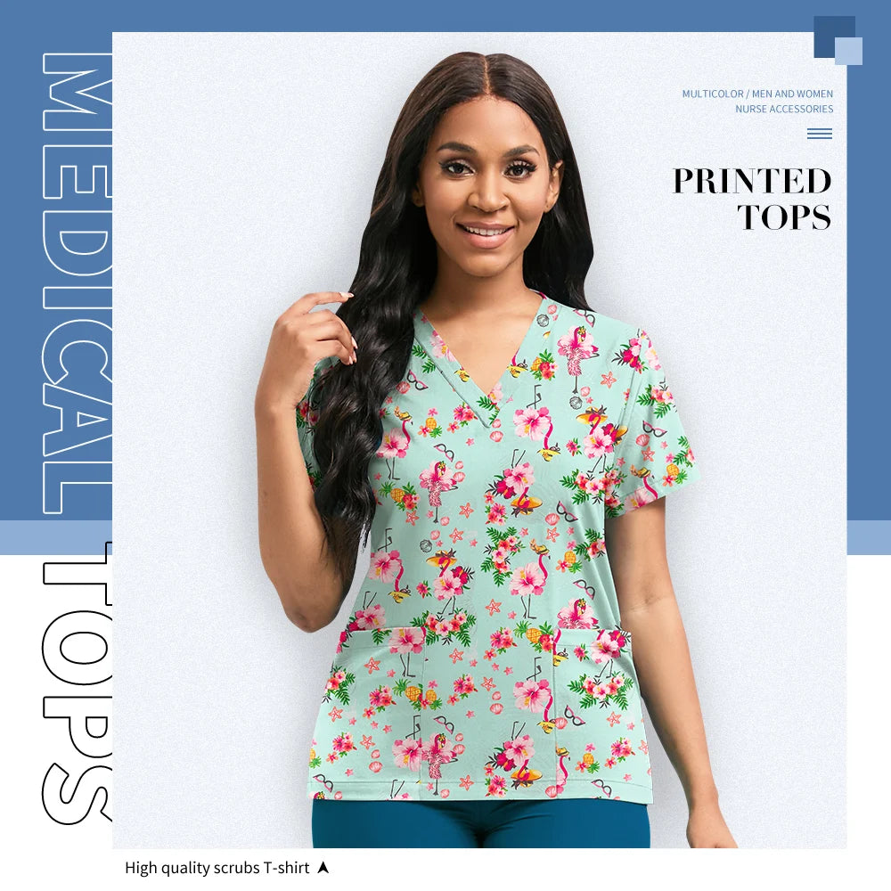 Hospital Nurse Uniforms Women Medical Uniform Print Scrub Top Cotton Dental Clinic Work Clothes Mens Scrubs Short Sleeved Jacket