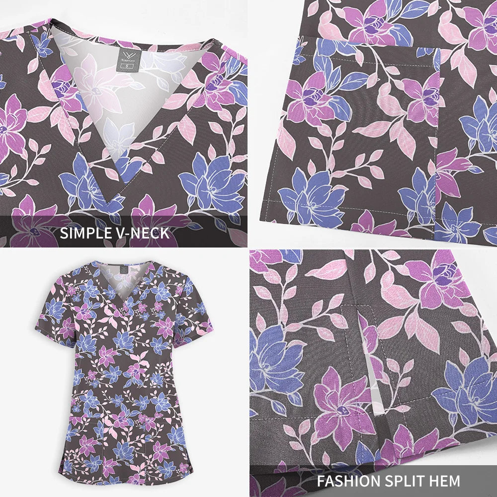 Hospital Nurse Uniforms Women Medical Uniform Print Scrub Top Cotton Dental Clinic Work Clothes Mens Scrubs Short Sleeved Jacket