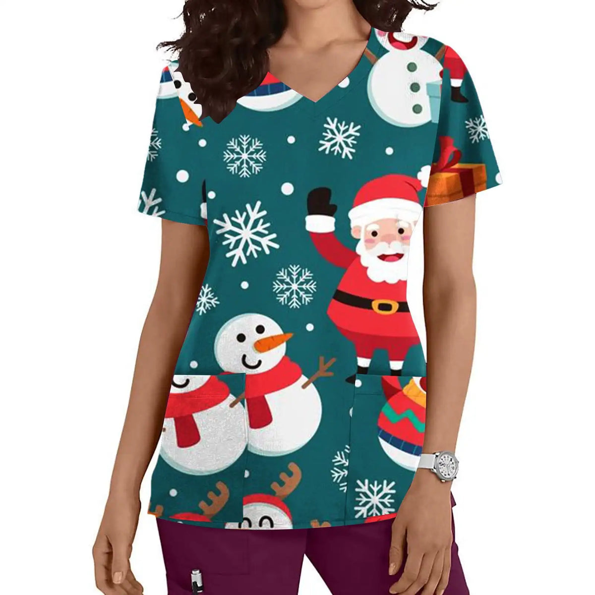 Christmas Medical Scrubs for Women Cartoon Print Dental Nursing Tops Microelastic V-Neck Short Sleeve Top Uniforms Women Medical