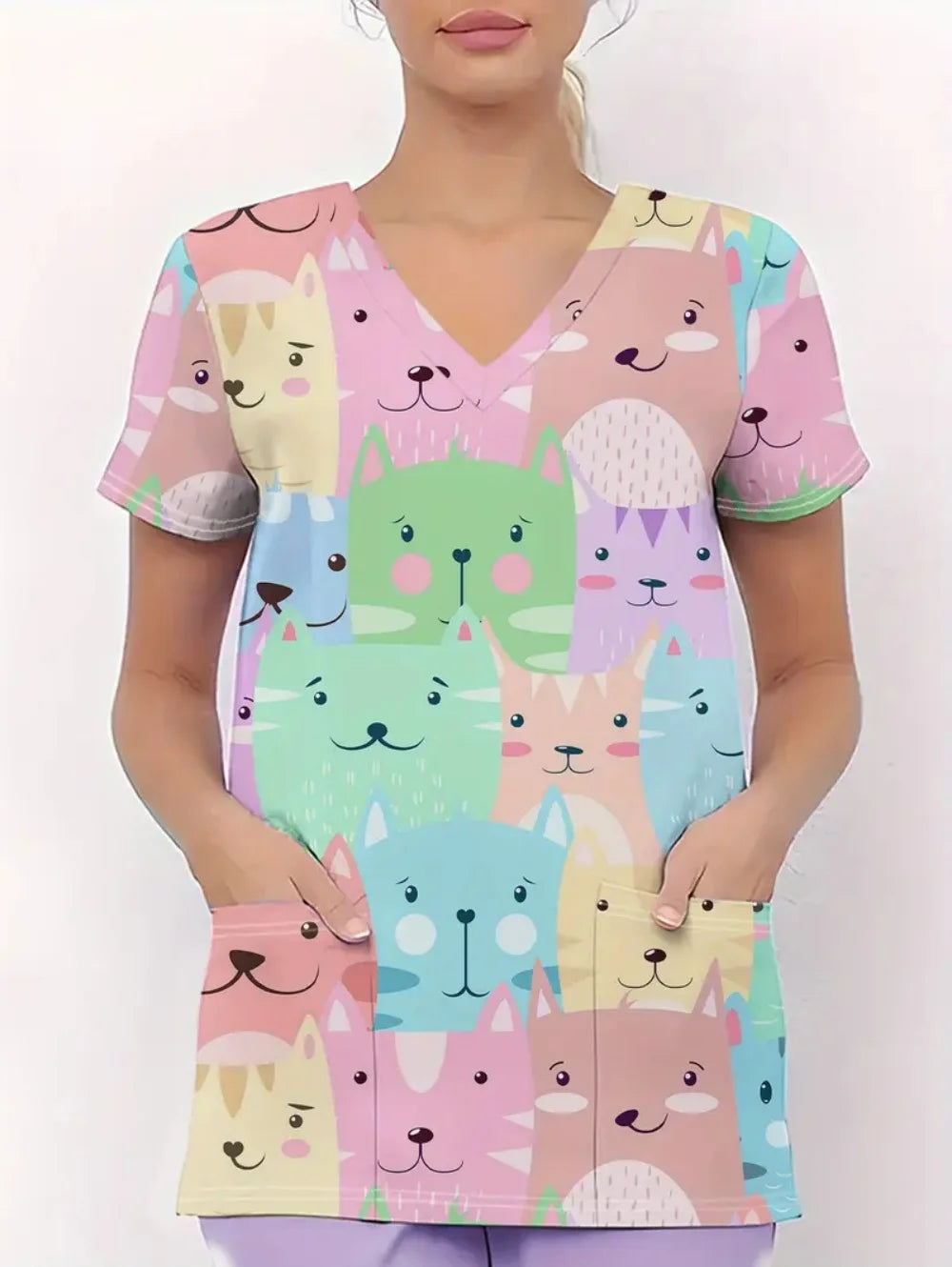 Women's Medical Uniforms Cute Cat Pattern Short Sleeve Top Summer Fashion V-Neck with Pockets Veterinary Surgical Uniforms Woman