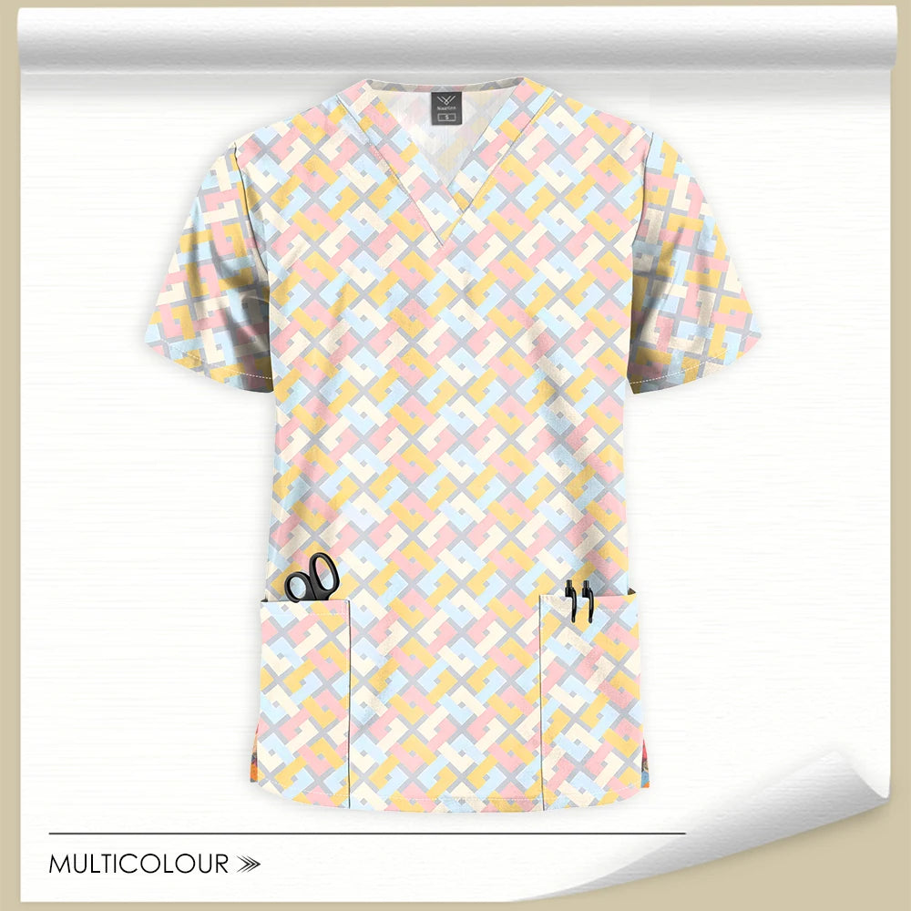 Stretch Cute Cartoon Print Nurse Uniforms Women Men T-shirts Pocket Casual Short Sleeve Pullover V-neck Scrubs Tops Lab Workwear