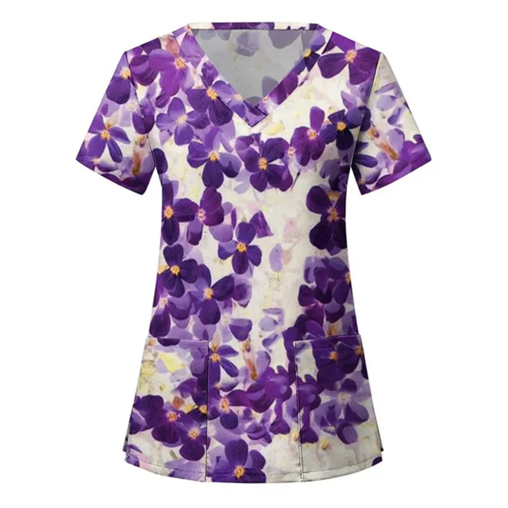 Nurse Uniforms Women Short Sleeve V-neck Floral 3D Print Nursed Working  Uniforms With Pockets Medical Uniforms