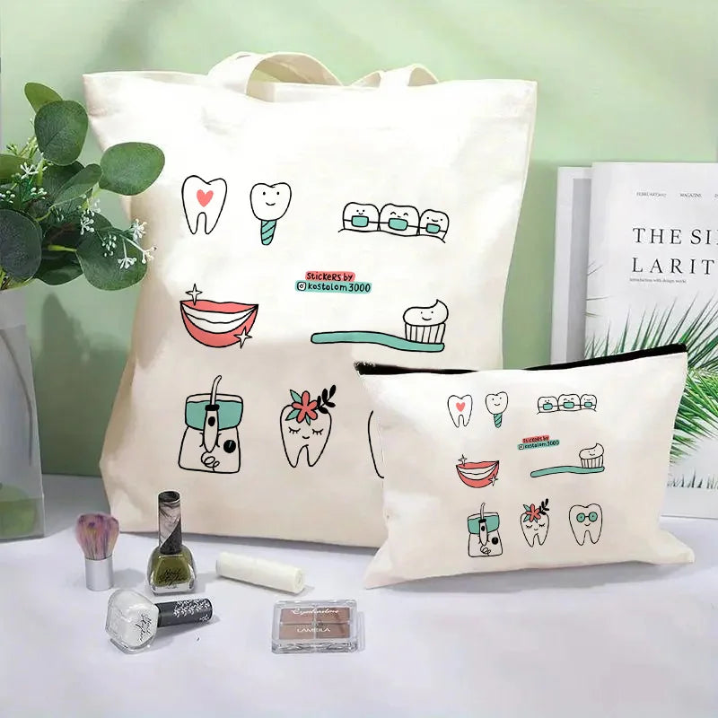 Tooth Dentist Printed Shoulder Bag, Reusable Foldable Shopping Tote Bag Lunch Box Bag Handbag with Wristlet Clutch Bag for Women
