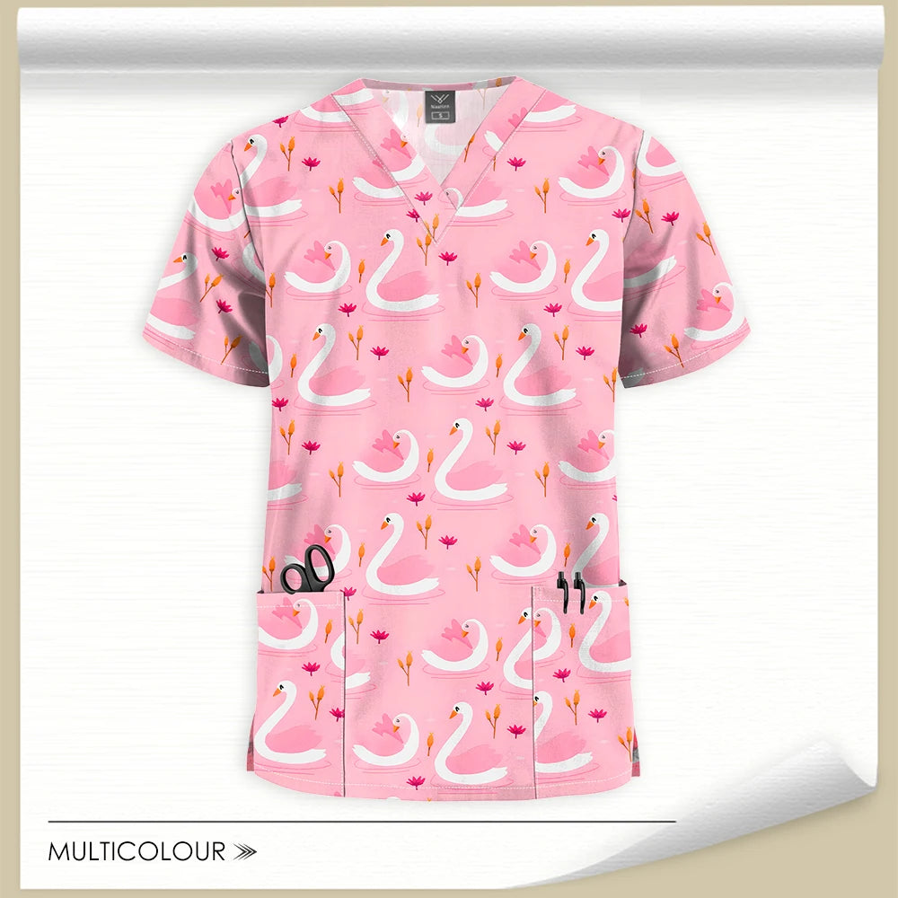 Stretch Cute Cartoon Print Nurse Uniforms Women Men T-shirts Pocket Casual Short Sleeve Pullover V-neck Scrubs Tops Lab Workwear