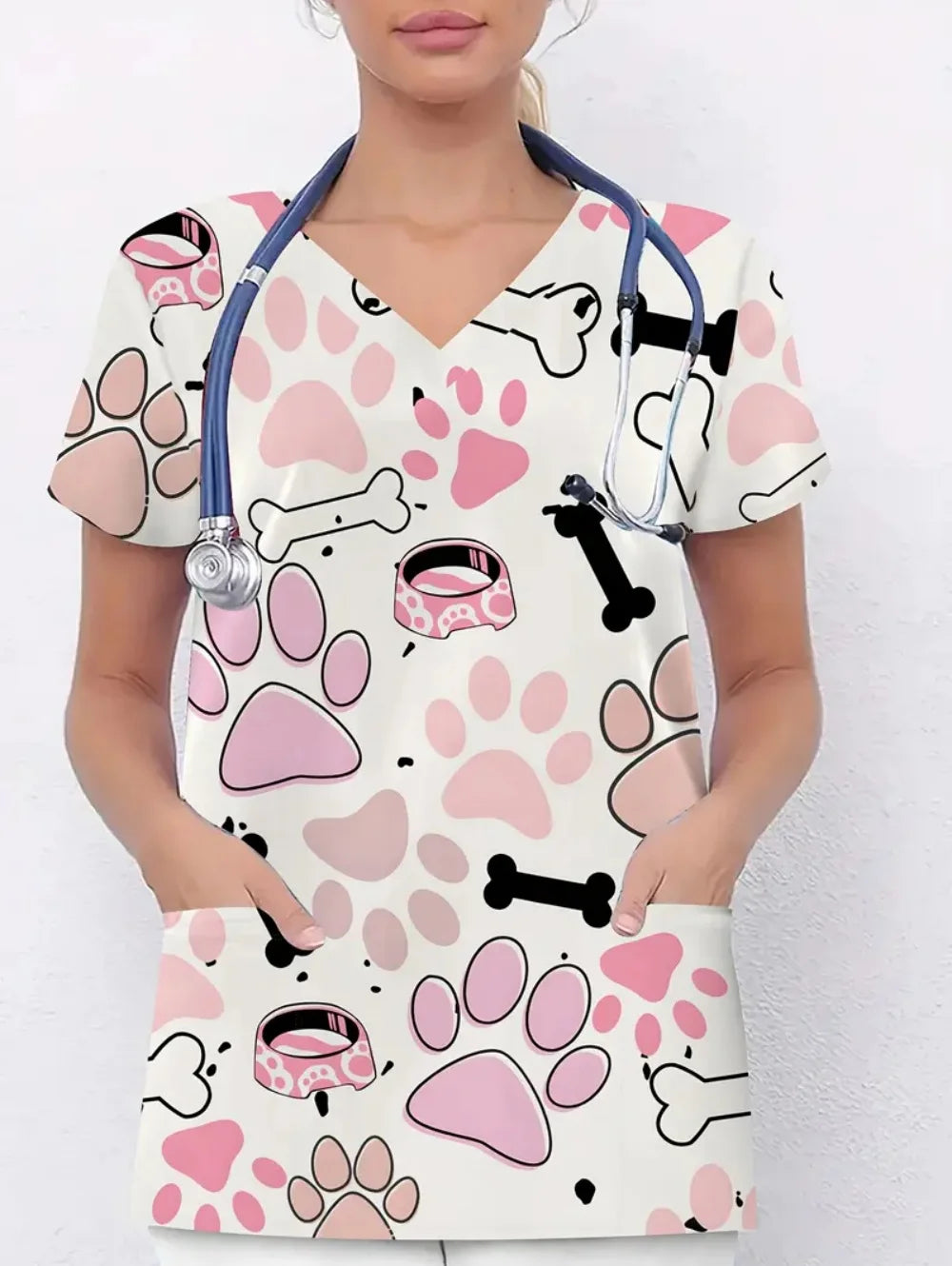 Women's Medical Uniforms Cute Cat Pattern Short Sleeve Top Summer Fashion V-Neck with Pockets Veterinary Surgical Uniforms Woman