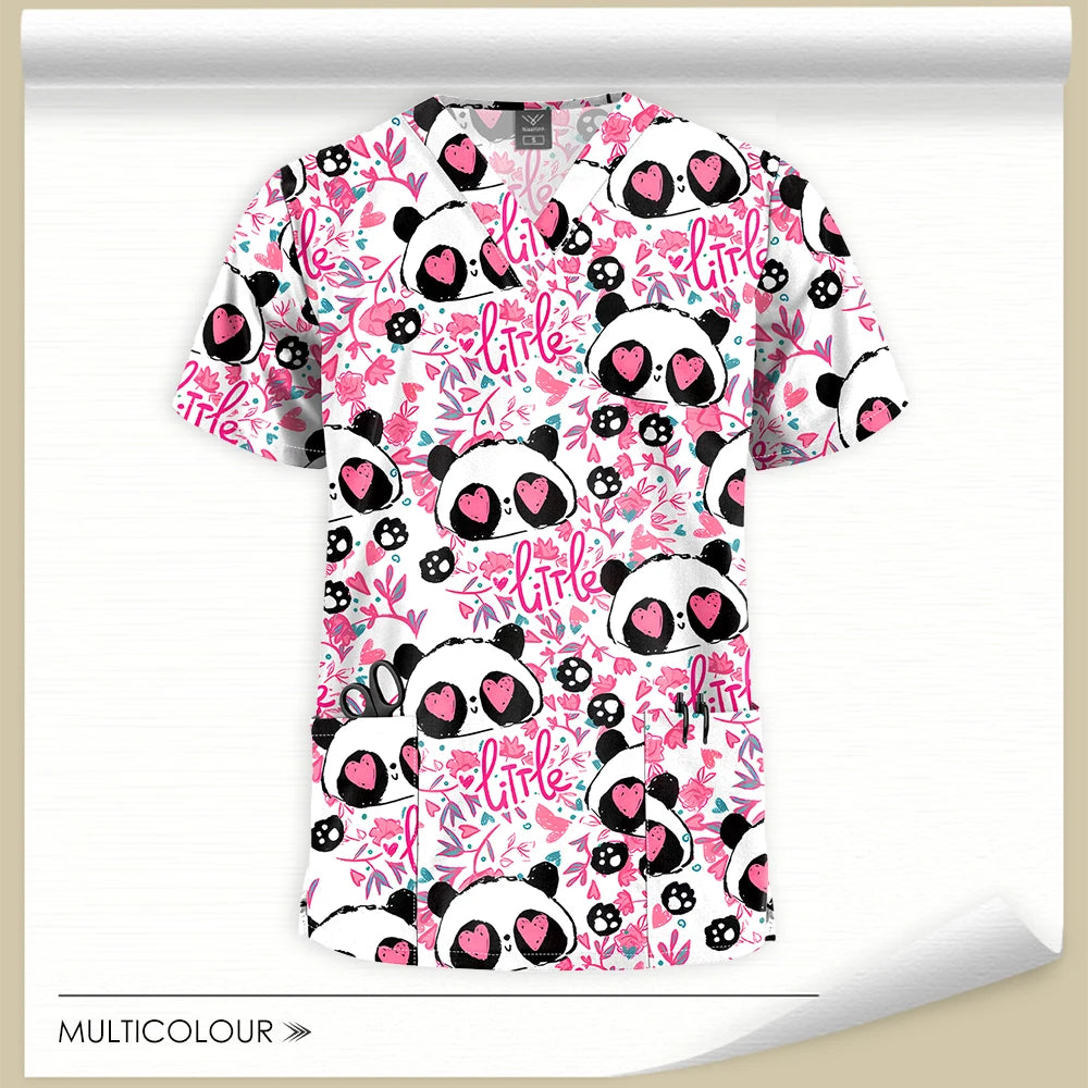 Stretch Cute Cartoon Print Nurse Uniforms Women Men T-shirts Pocket Casual Short Sleeve Pullover V-neck Scrubs Tops Lab Workwear