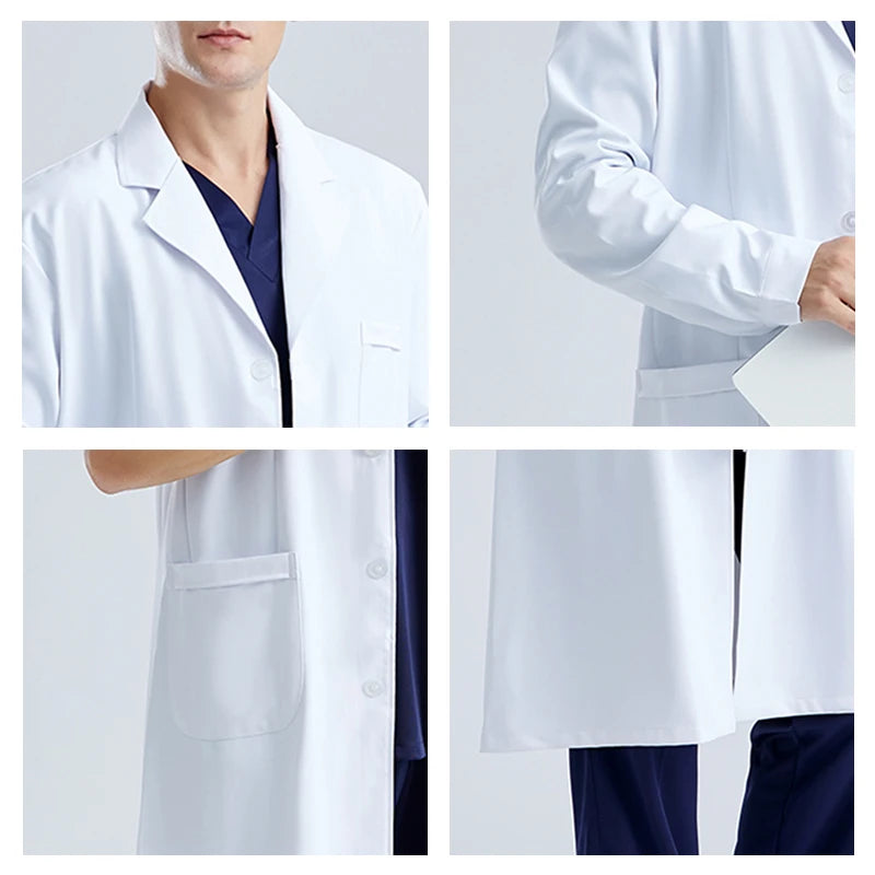 Men WorkwearHospital Clinical Pharmacist  Uniform Long Sleeve White Lab Coat Lapel Collar Button Medical Doctor Blouse Wholesale