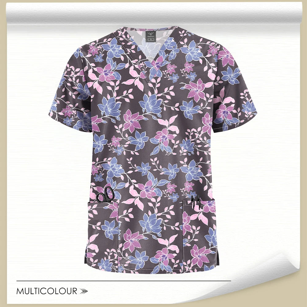 Stretch Cute Cartoon Print Nurse Uniforms Women Men T-shirts Pocket Casual Short Sleeve Pullover V-neck Scrubs Tops Lab Workwear