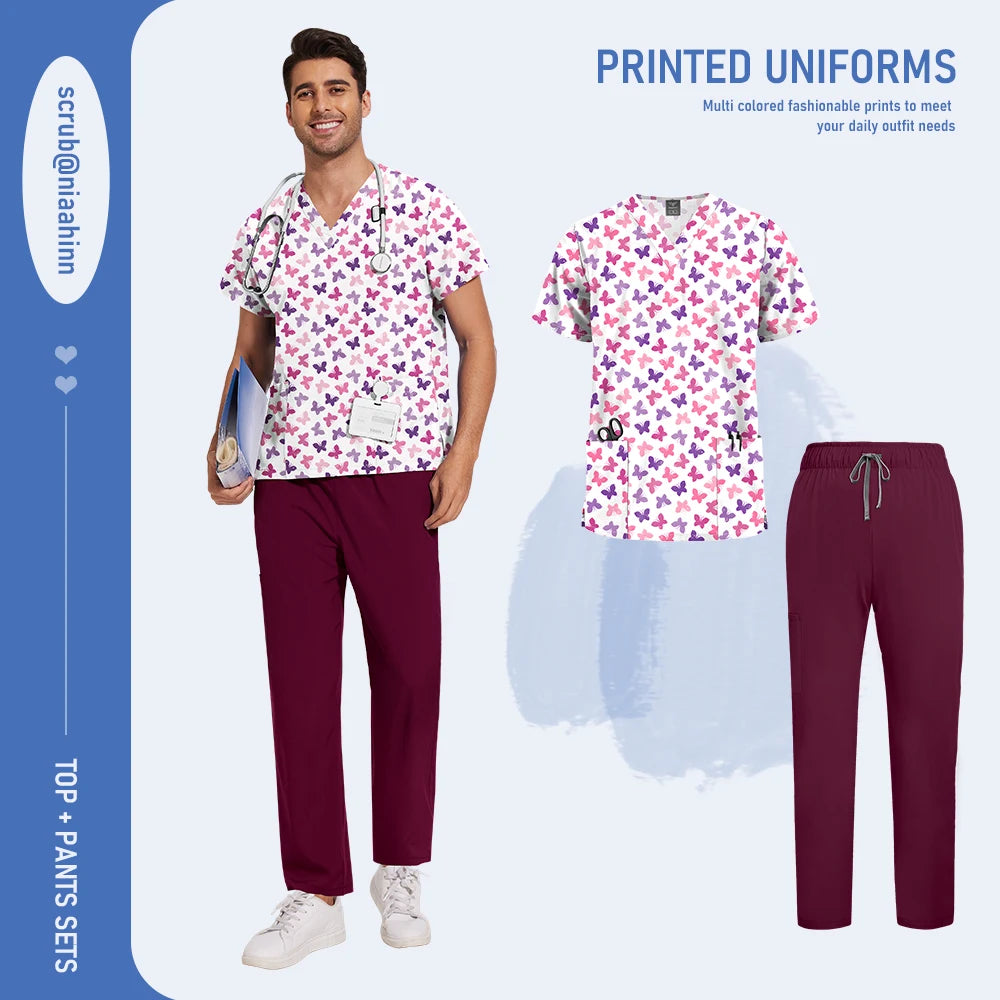 Mens Scrub Nursing Articles Nurse Doctor Work Uniform Unisex Hospital Set High Quality Printed Workwear Veterinary Lab Scrub Set
