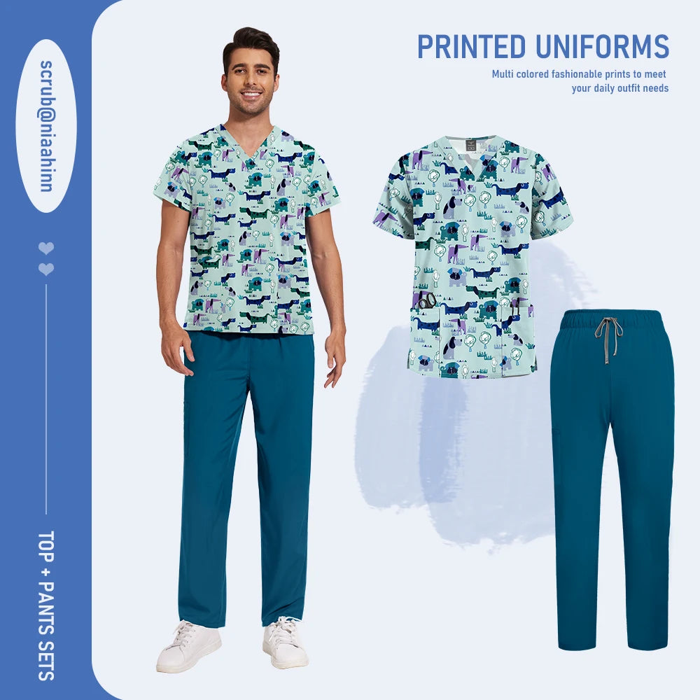 Mens Scrub Nursing Articles Nurse Doctor Work Uniform Unisex Hospital Set High Quality Printed Workwear Veterinary Lab Scrub Set