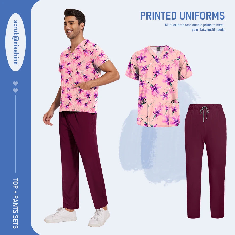 Mens Scrub Nursing Articles Nurse Doctor Work Uniform Unisex Hospital Set High Quality Printed Workwear Veterinary Lab Scrub Set