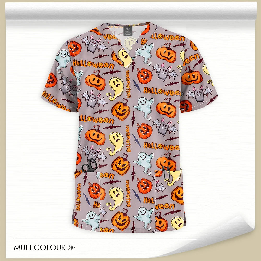 Stretch Cute Cartoon Print Nurse Uniforms Women Men T-shirts Pocket Casual Short Sleeve Pullover V-neck Scrubs Tops Lab Workwear