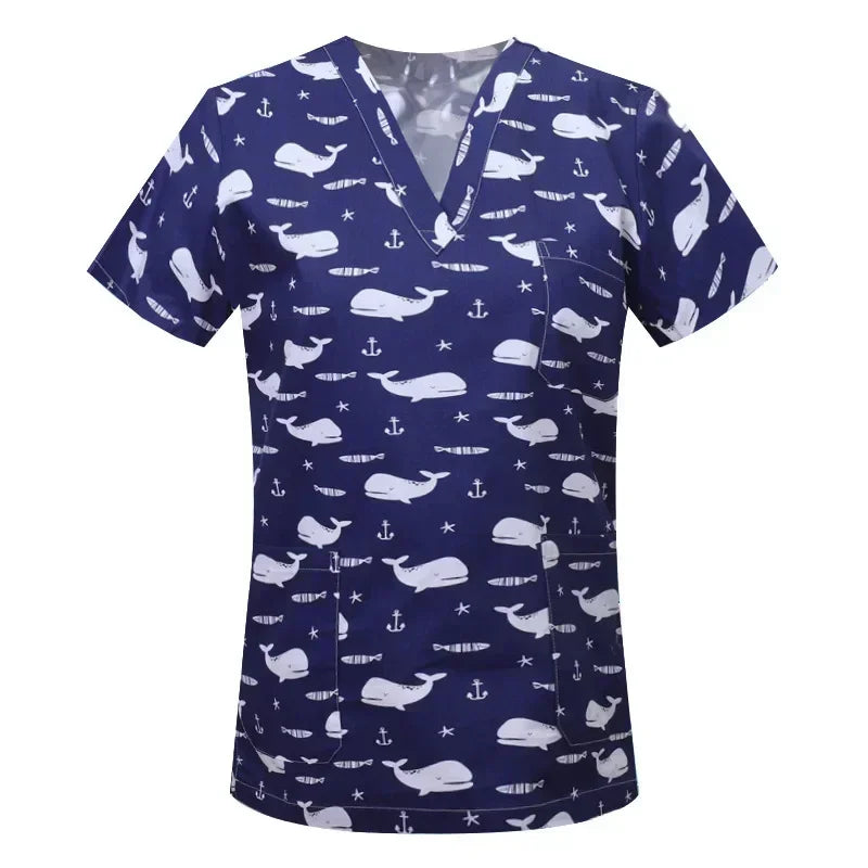 Medical Nurse Uniforms Women Men Print Scrub Shirts&Cap Clinical V-neck Blouse Floral Cartoon Pocket Scrubs Top Beauty Work Wear