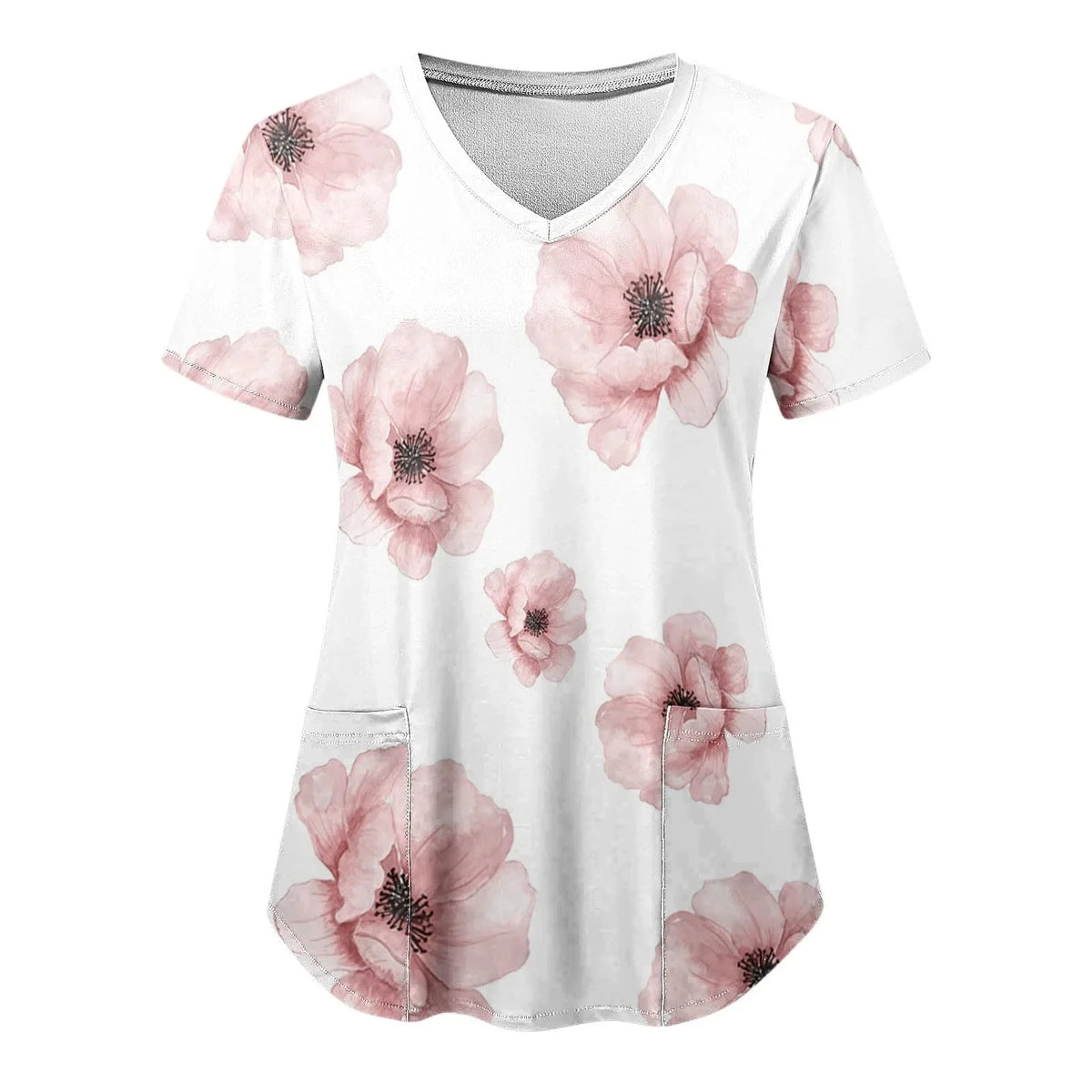 Women Nurse Uniform Medical Scrubs Flower 3d Print V-Neck Pocket Medical Uniforms Cartoon Nursing Scrubs Short Sleeve Pocket Loo