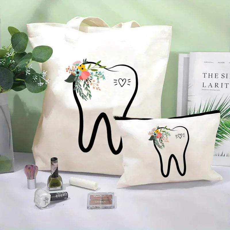Tooth Dentist Printed Shoulder Bag, Reusable Foldable Shopping Tote Bag Lunch Box Bag Handbag with Wristlet Clutch Bag for Women
