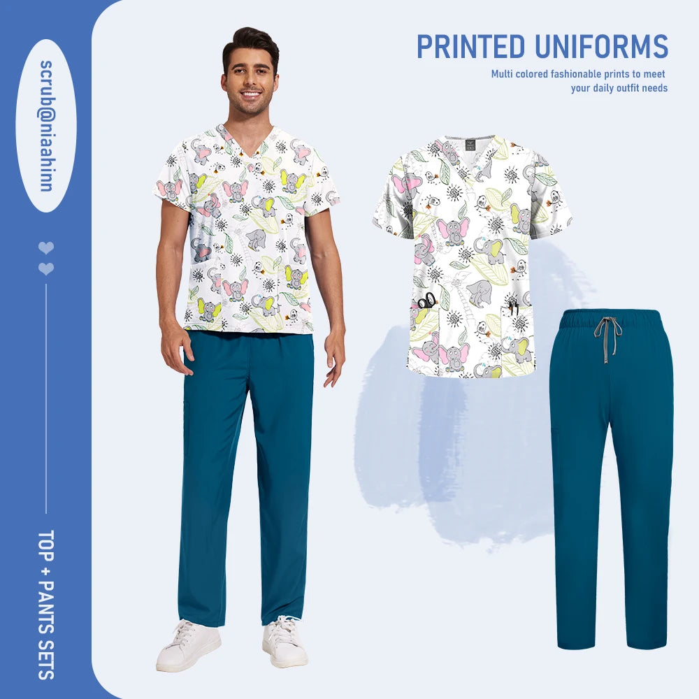 Mens Scrub Nursing Articles Nurse Doctor Work Uniform Unisex Hospital Set High Quality Printed Workwear Veterinary Lab Scrub Set