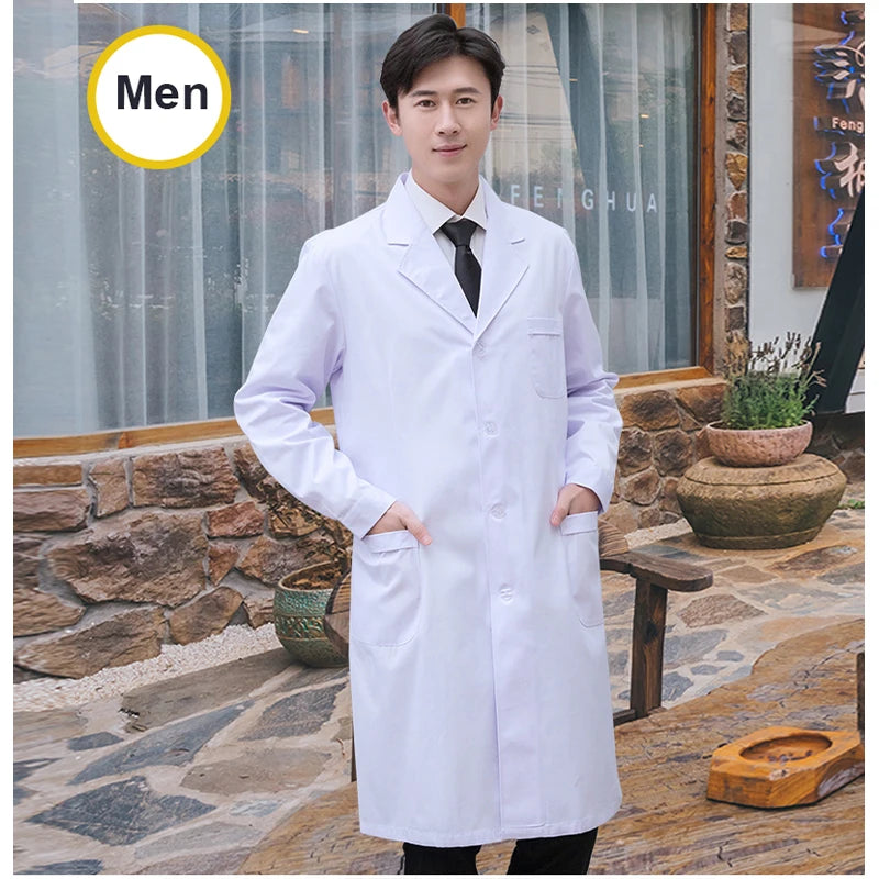 Men WorkwearHospital Clinical Pharmacist  Uniform Long Sleeve White Lab Coat Lapel Collar Button Medical Doctor Blouse Wholesale