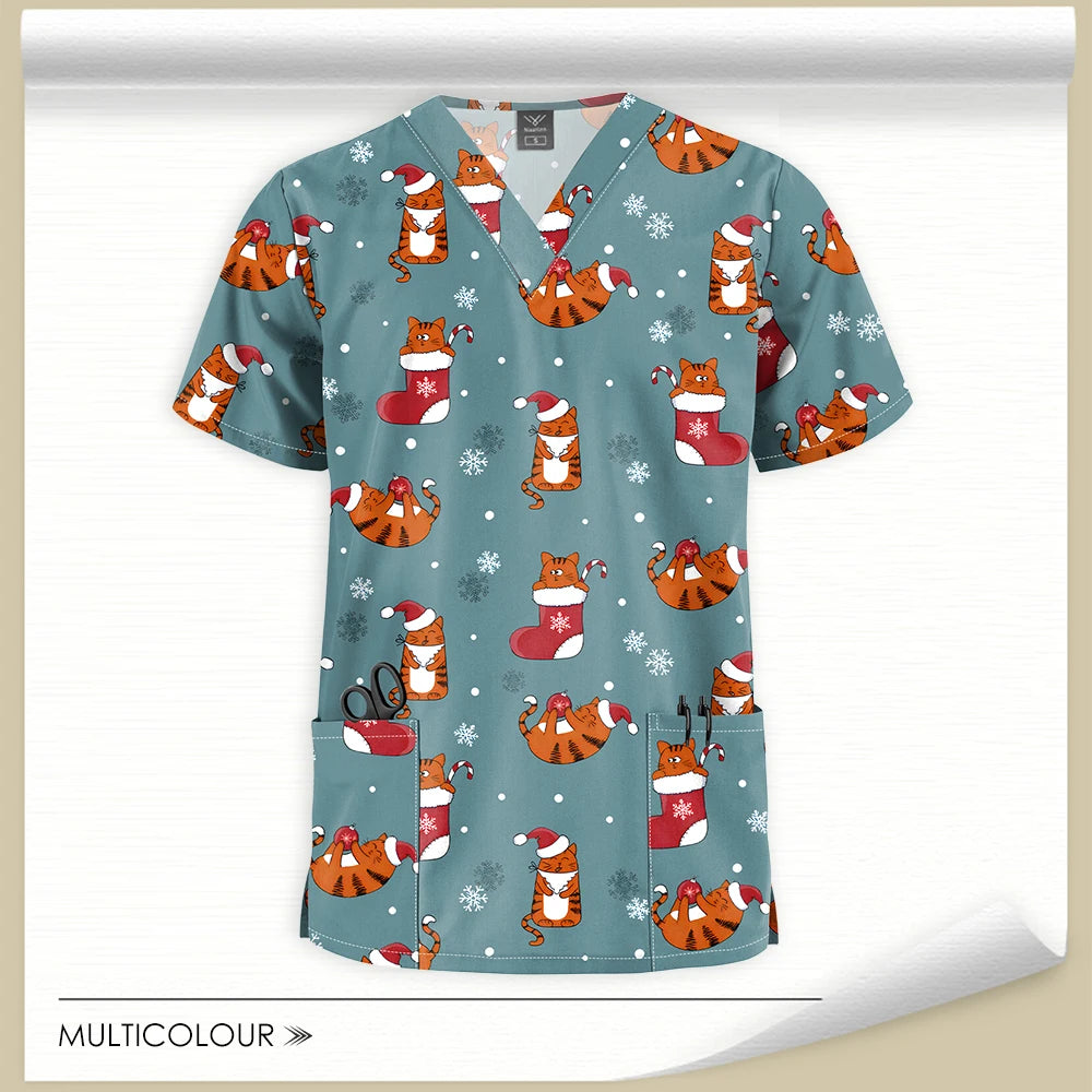 Stretch Cute Cartoon Print Nurse Uniforms Women Men T-shirts Pocket Casual Short Sleeve Pullover V-neck Scrubs Tops Lab Workwear