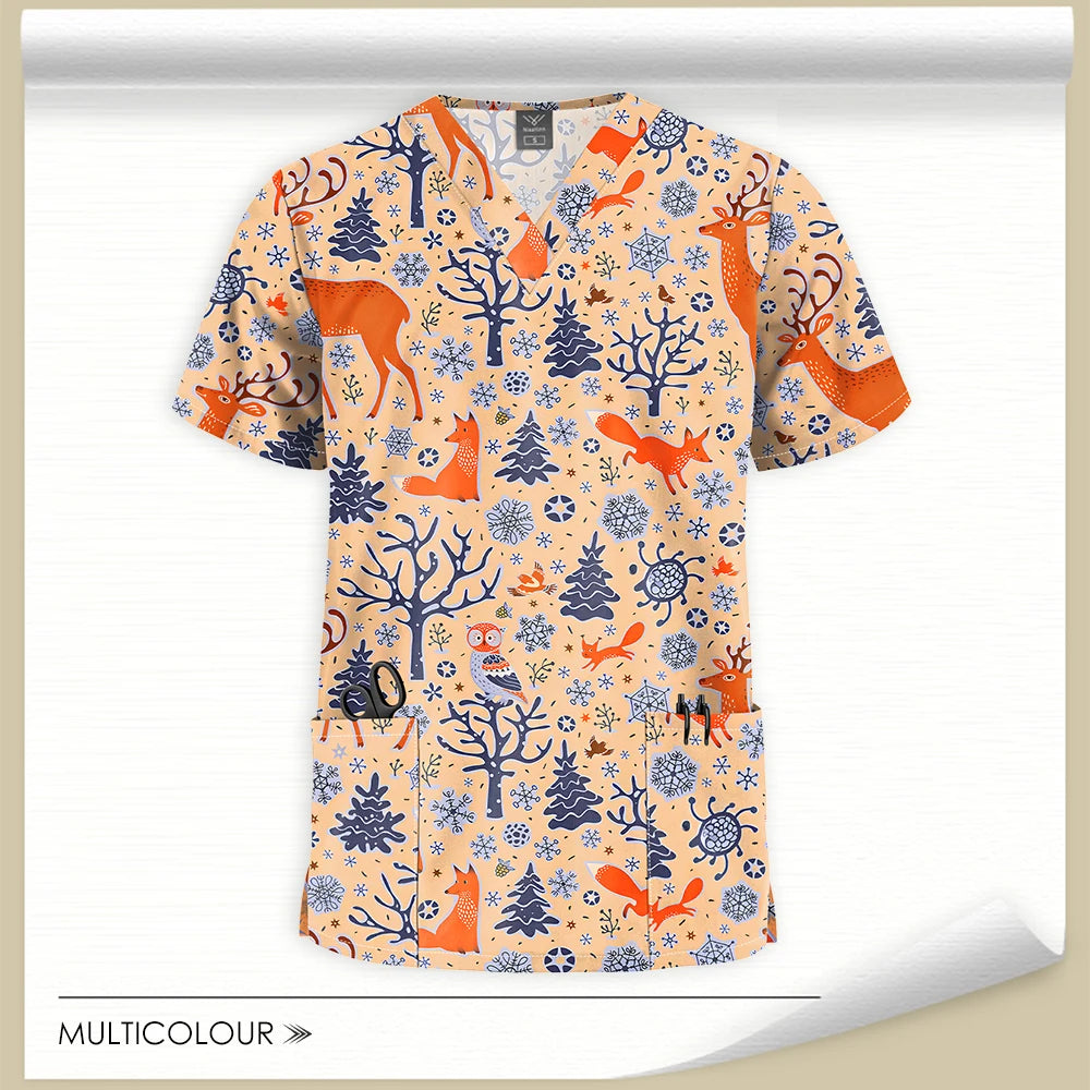 Stretch Cute Cartoon Print Nurse Uniforms Women Men T-shirts Pocket Casual Short Sleeve Pullover V-neck Scrubs Tops Lab Workwear