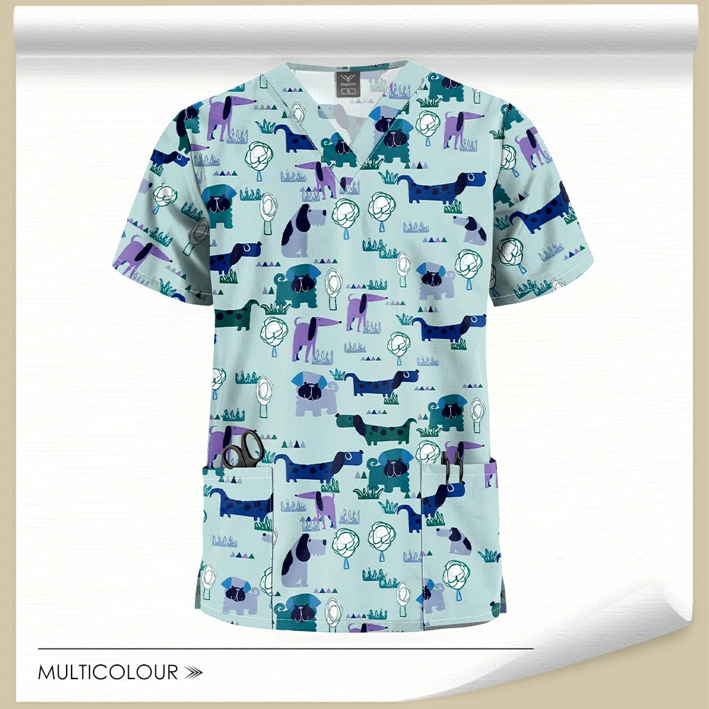 Stretch Cute Cartoon Print Nurse Uniforms Women Men T-shirts Pocket Casual Short Sleeve Pullover V-neck Scrubs Tops Lab Workwear