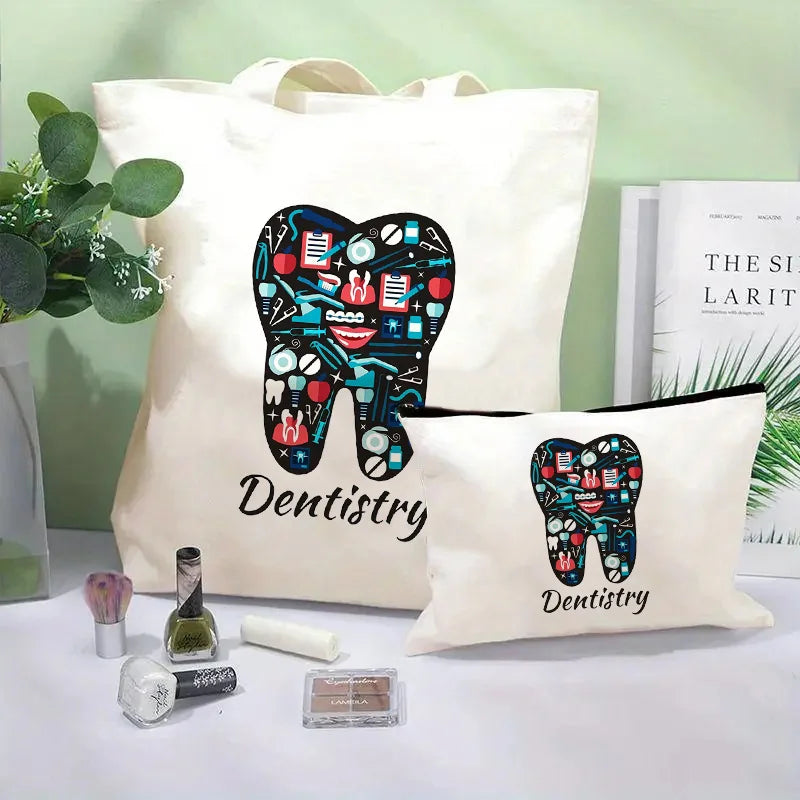 Tooth Dentist Printed Shoulder Bag, Reusable Foldable Shopping Tote Bag Lunch Box Bag Handbag with Wristlet Clutch Bag for Women