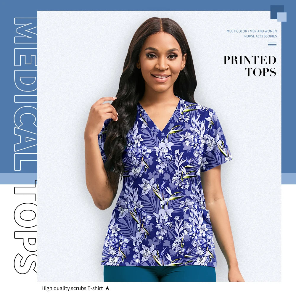 Hospital Nurse Uniforms Women Medical Uniform Print Scrub Top Cotton Dental Clinic Work Clothes Mens Scrubs Short Sleeved Jacket
