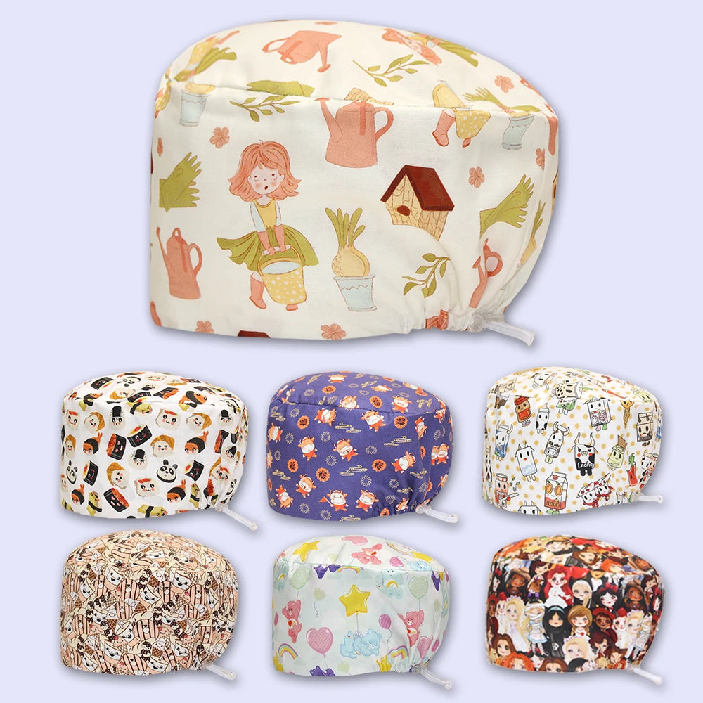 Best Price Digital printed Scrub Caps Pet Store Lab Work Hats Health Care Nursing Hats Cotton Medical scrubs Cap women Long Hair