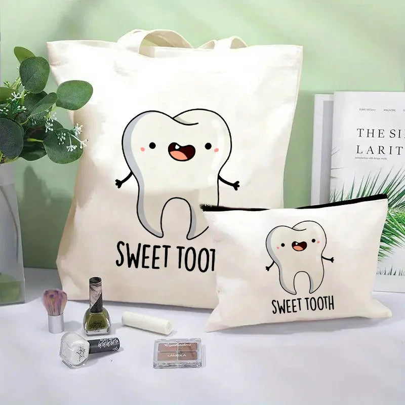 Tooth Dentist Printed Shoulder Bag, Reusable Foldable Shopping Tote Bag Lunch Box Bag Handbag with Wristlet Clutch Bag for Women
