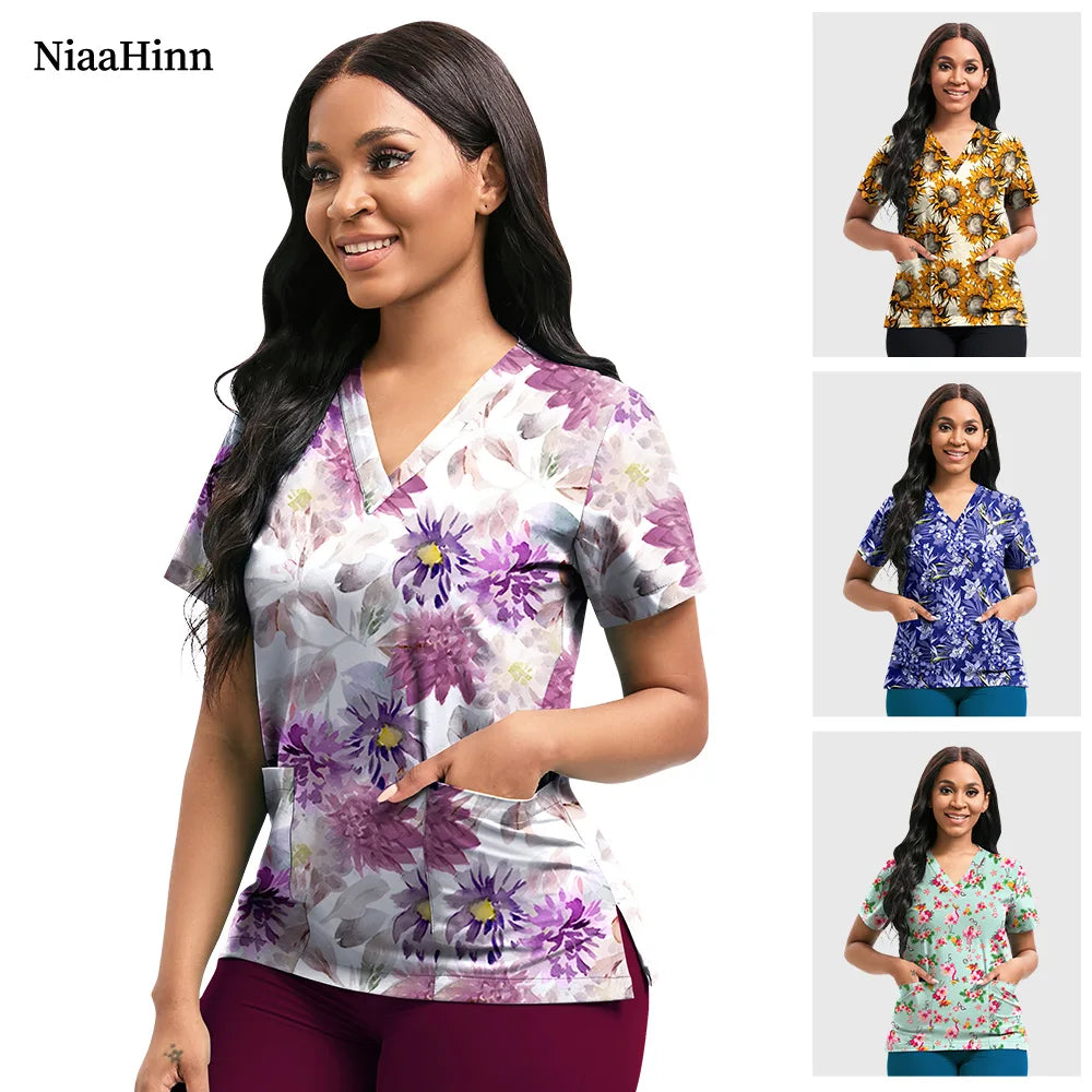 Hospital Nurse Uniforms Women Medical Uniform Print Scrub Top Cotton Dental Clinic Work Clothes Mens Scrubs Short Sleeved Jacket