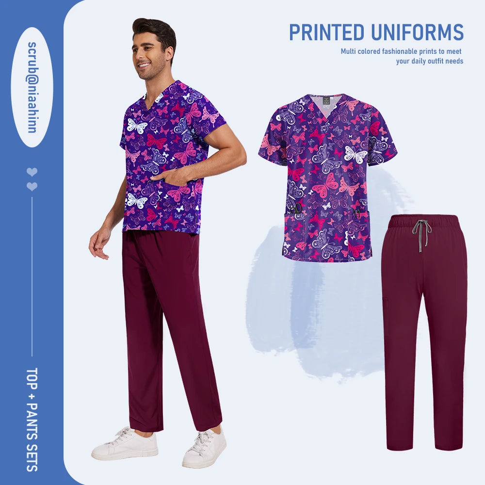 Mens Scrub Nursing Articles Nurse Doctor Work Uniform Unisex Hospital Set High Quality Printed Workwear Veterinary Lab Scrub Set
