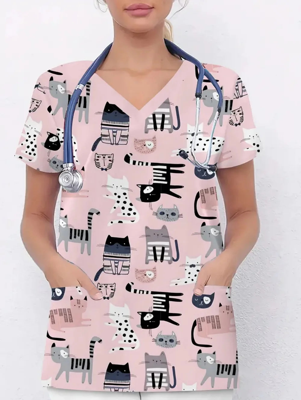 Women's Medical Uniforms Cute Cat Pattern Short Sleeve Top Summer Fashion V-Neck with Pockets Veterinary Surgical Uniforms Woman