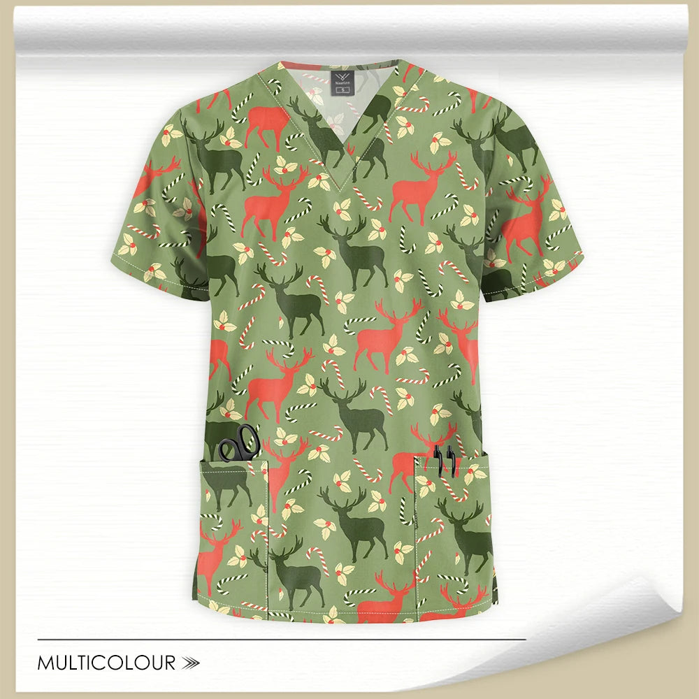 Stretch Cute Cartoon Print Nurse Uniforms Women Men T-shirts Pocket Casual Short Sleeve Pullover V-neck Scrubs Tops Lab Workwear