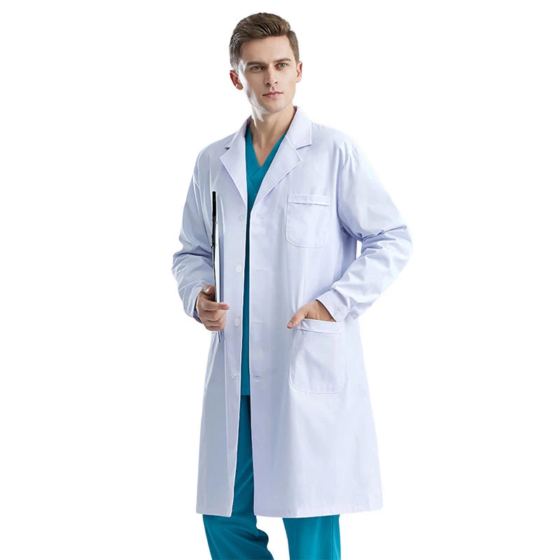 Men WorkwearHospital Clinical Pharmacist  Uniform Long Sleeve White Lab Coat Lapel Collar Button Medical Doctor Blouse Wholesale